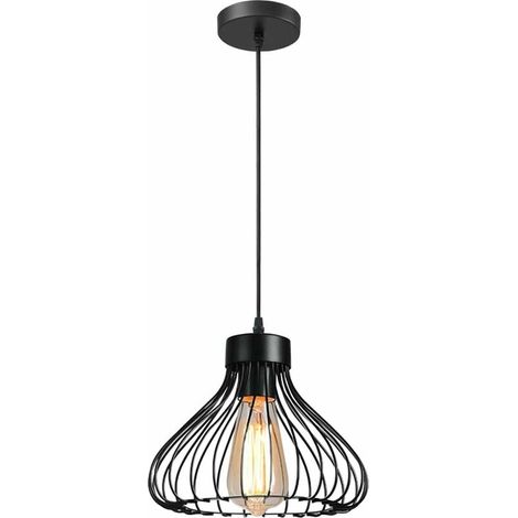 Suspension Luminaire Industrielle Lustre Plafonnier Abat-jour en Métal en Forme de Cage Vintage Lampe pour Cuisine Salle à Manger Salon Chambre Bar Couloir Restaurant, 23cm, Noir avec douilles E27 ( A (1/4)