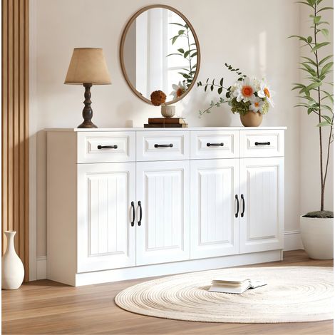Aparador con 4 cajones, 4 puertas y estantes ajustables, en MDF, blanco, 160 x 35 x 80 cm (1/5)