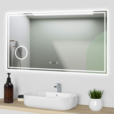 Aica Specchio da bagno a LED, 120x70cm, orologio, Lente d'ingrandimento, 3 Temperature di Colore (1/5)