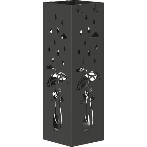 Porte-parapluie carré stylisé en métal avec bac égouttoir amovible et 4 crochets, 15,5 x 15,5 x 49 cm, noir (1/5)