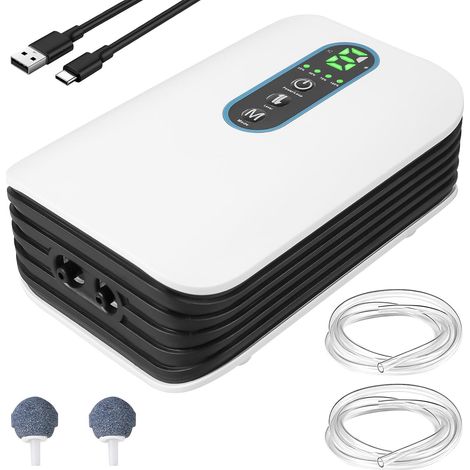 Aquarium Air Pump, 4800mAh Battery, Dual Output(5L/min), 6-Level Adjustable Airflow, Ultra Quiet USB Pump for Aquariums, Garden Ponds, Fishing, Power Outages (1/5)
