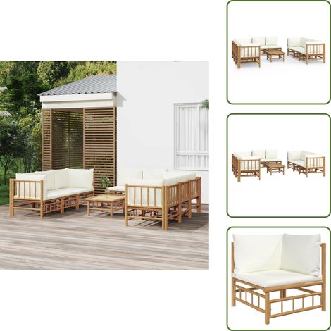 9-tlg. Garten-Lounge-Set mit Cremeweißen Kissen Bambus - Bambus Möbel - Gartenloungeset - Outdoor Möbel - Esstisch - Wohnzimmergarnitur (1/5)