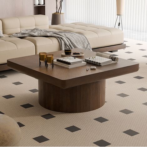Mesa de centro cuadrada de madera maciza y MDF nogal, 78 cm, tablero parquet y base cilíndrica (1/5)