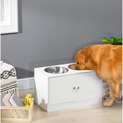 Erhöhte Futterstation für Hunde 60 x 30 x 35,5 cm, weißes Holz, 2 Näpfe, Stauraum – MEUBLIV (1/5)