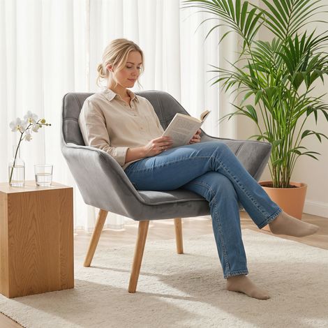 Butaca de Salón Moderna Tapizado en Terciopelo con Patas de Madera Sillón Relax para Sala de Estar Gris (1/5)