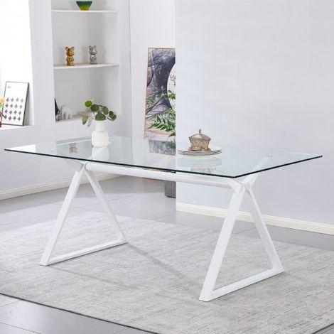 Tavolo fisso Skylar 180x90 cm. con piano in vetro temperato e gambe bianche