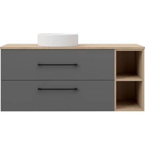 Acezanble 1210mm Vanity Unit with Ceramic Basin Wall Hung  Bathroom Cabinet Two Drawers Shelf Grey and Oak