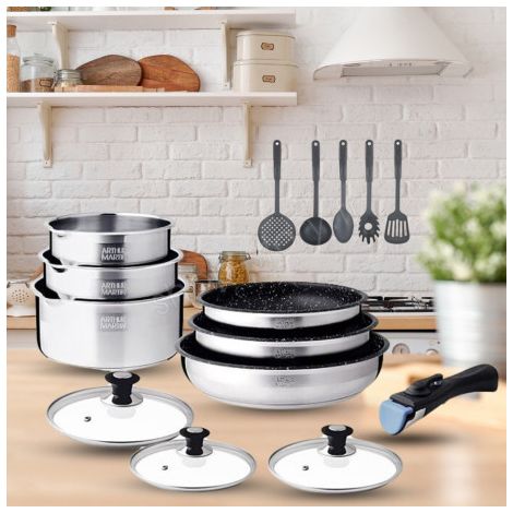 Batterie de cuisine induction 15 pièces – Acier inoxydable – Poignée amovible – Intérieur satiné – Anti-adhérent – Tous feux dont induction – Arthur Martin (1/5)