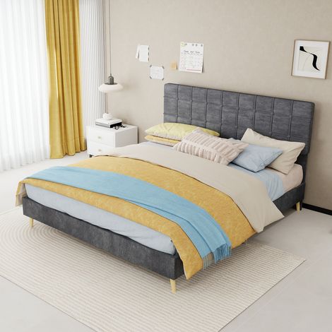 Lit moderne en tissu gris foncé avec tête de lit capitonnée à motifs carreaux clairs, idéal pour petite chambre parentale ou chambre d'amis – lit 160 x 200 cm (1/5)