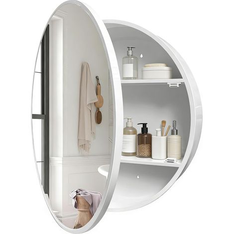 Armoire à pharmacie ronde avec miroir, cadre en aluminium, charnière à fermeture douce, 61 cm, blanc (1/5)