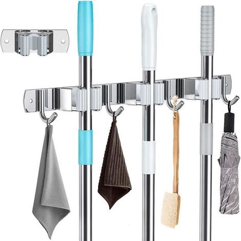 Wandmontierter Besenhalter, Besenständer aus Edelstahl, selbstklebender Wandbesenorganizer, Besenhalter für Küche und Waschküche – 1 Set (1/4)