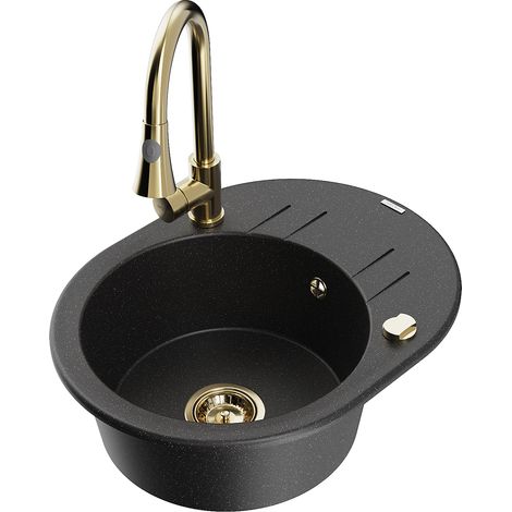 Mexen Kevin 1 Becken-Granitspüle mit Abtropffläche und Mischbatterie Elia, Schwarz/Silbermetallic -
