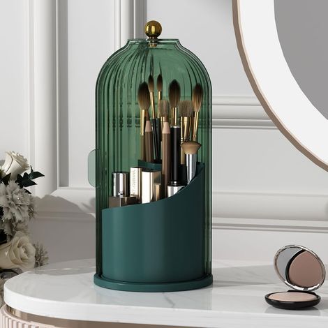 Support de pinceaux de maquillage avec couvercle, rotatif à 360 degrés, transparent, anti-poussière, organisateur de maquillage pour coiffeuse, salle de bain, plan de travail, vert (1/4)