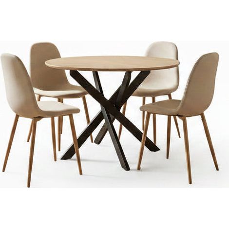 Ensemble table ronde chêne 100 cm + 4 chaises tissu beige JESSICA (1/5)