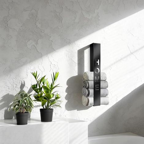 Porte Serviette sans Percage 42 cm, Support Serviettes D'invité Noir, Porte Serviette Mural Salle de Bain avec Design Home, Pose Autocollante, pour Salles de Bains, Toilettes et Cuisines (1/5)