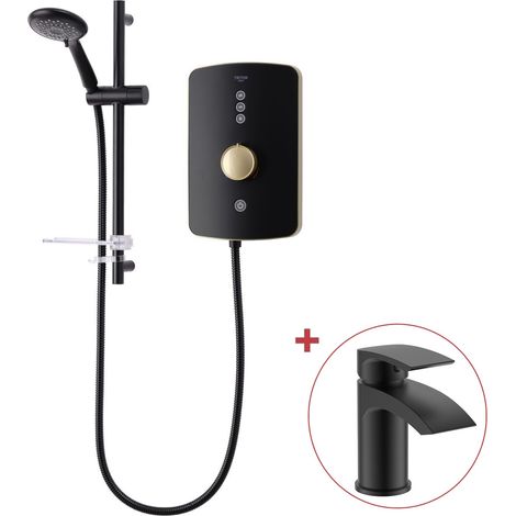 Triton Amala Metallic 9.5kW Brushed Brass Electric Shower Matt Black Finish +Tap