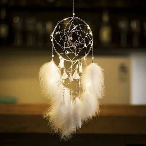 Petit Attrapeur de Rêves avec Lumière LED, Capteur de Rêves avec Plumes Fait Main, Dreamcatcher Décoration Murale Ornement Maison - 15 cm de diamètre, 48 cm de Longueur (Blanc) (1/5)