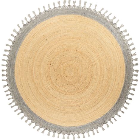 Tapis Boho Rustique en Jute ø 200 cm Naturel Tressé à la Main Rond Beige et Gris Marts (1/5)