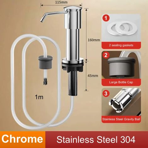 Distributeur de savon (chrome 304) avec kit de tube d'extension, en acier inoxydable 304, pour évier de cuisine. (1/5)
