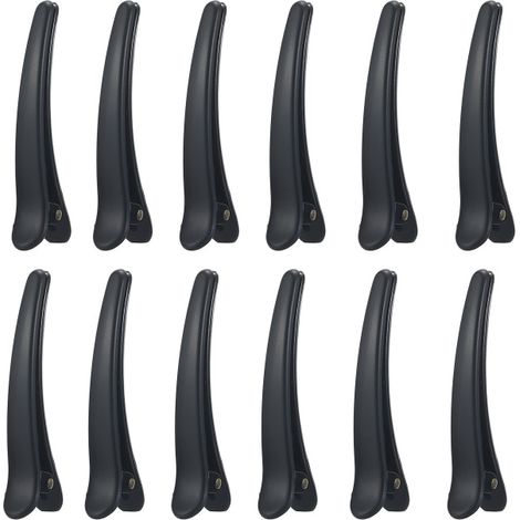 Juego de 12 pinzas negras para el cabello, ideales para peinar, separar secciones y cortar el cabello. Pinzas de plástico profesionales para salones de belleza. (1/5)