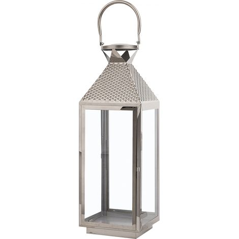 Metal Lantern Silver Stainless Steel H 55 cm Pillar Candle Holder BALI