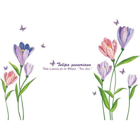 Sticker mural fleurs aquarelles TULIPES en violet et rose peintures murales: 150x108 cm I sticker mural fleurs papillons autocollan