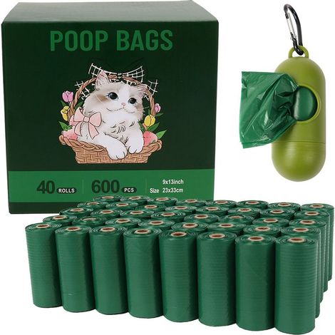 Bolsas para excrementos de perro - 40 rollos de bolsas para excrementos de perro con dispensador, bolsas inodoras, bolsas extra gruesas y resistentes, a prueba de fugas, color verde - 40 rollos