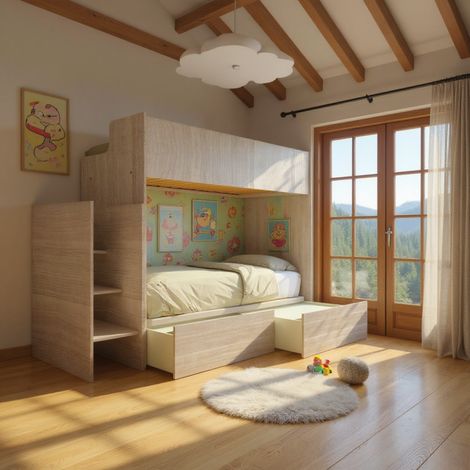 Letto a castello minimalista con terzo letto estraibile - Rovere rock