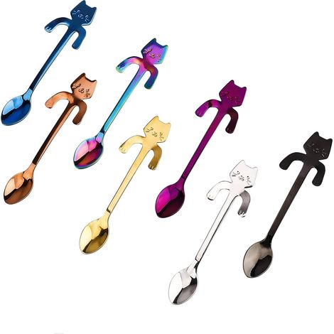 Cuillère à Café Chat Acier Inoxydable à Café Cuillère à Café Suspendue Mini Cuillère D'agitation Kitten Design pour Thé, Lait, Café, Dessert, Boisson, Milk Shake 7 Pièces (Multicolore)