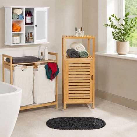 Bambus-Badezimmer-Aufbewahrungsset (4-teilig) - Schmaler Schrank, Spiegelschrank, Wäschekorb & Badematte (1/5)