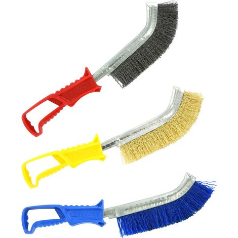 Tivoly • Lot de 3 Brosses à main Ergonomiques : Fil Acier, Fil Acier laitonné, Fil Nylon