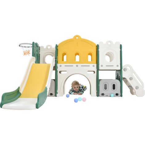 6-in-1-Kinderspielplatz - Mit Basketballkorb, Rutsche, Kletterturm, aus HDPE (Seebälle nicht ausgeschlossen) - Grün