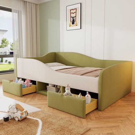 Lit simple 90x190 cm, lit enfant, lit rembourré - canapé et rangement – Sécurité intégrée, 2 tiroirs, sommier à lattes - velours, vert (1/5)