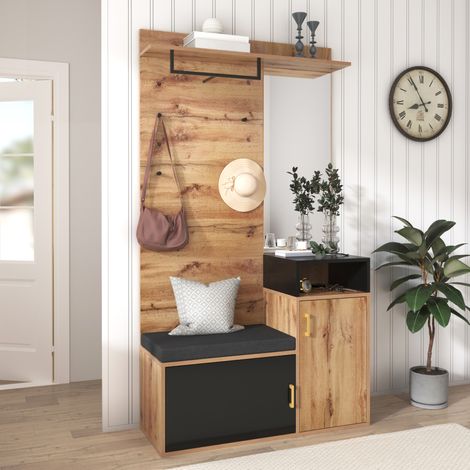 Mueble de entrada con espejo, zapatero, banco, 4 ganchos y barra, madera y negro HAVRYA (1/5)