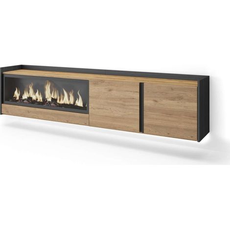 Mueble TV Sayalonga-01 de 212x50x35 cm con chimenea y luces LED, suspendido, color roble y negro (1/4)
