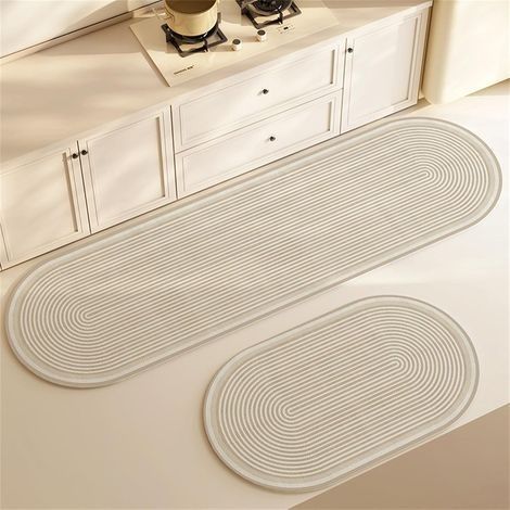 lot de 2 tapis de cuisine ovale antidérapant en terre de diatomée, pour devant l'évier, séchage rapide, antidérapant, antitache et lavable, pour salon, couloir, salle de bain (beige, 50 x 80 cm + 50 x (1/5)