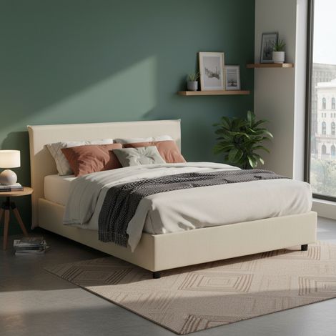 Dmora - Cama matrimonial Dansald, Cama contenedor con revestimiento de tela, 100% Made in Italy, Apertura frontal, con colchón Cm 160x200 incluido, Beige (1/5)