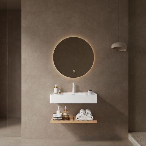 Mobile lavabo sospeso moderno 75 cm con lavabo integrato in resina bianco lucido e ripiano effetto legno naturale (1/5)