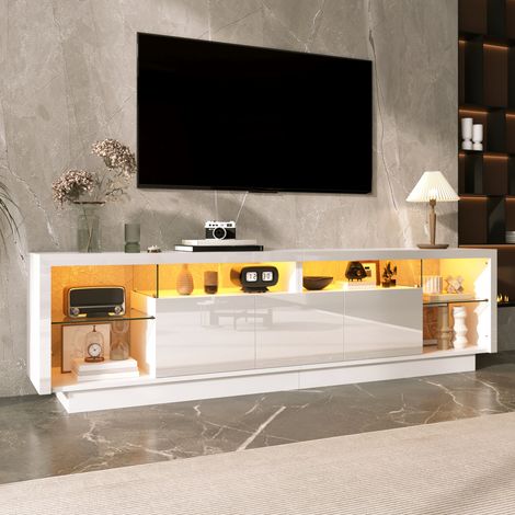 Meuble TV Blanc Laqué High Gloss 200 cm avec 3 Portes, Étagères en Verre, Éclairage LED Multicolore Contrôlable par App, Meuble de Salon Bas Moderne (1/5)