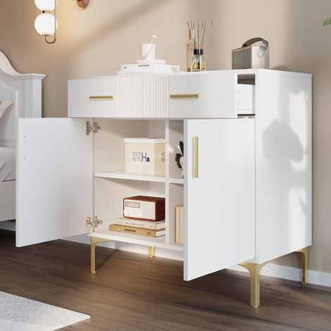 Buffet moderne 80x35x79.5cm - avec 2 tiroirs et 2 portes - pieds en métal - MDF - blanc