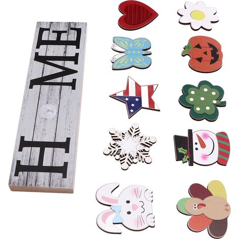 Willkommensschild aus Holz für die Wanddekoration im Landhausstil, 10 austauschbare Symbole, Buchstabendekoration, Bastelarbeiten (1/5)