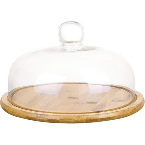 Cloche En Verre - Support En Bambou - Plateau De Service Pour Gâteaux Et Fromages - Diamètre 26 Cm - Lot De 1 (1/5)
