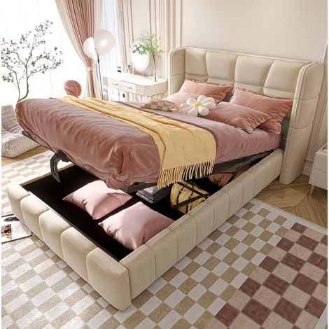 Lit enfant rembourré 90x200 cm moderne, tissu beige, tête de lit à ailes et coffre relevable (1/5)