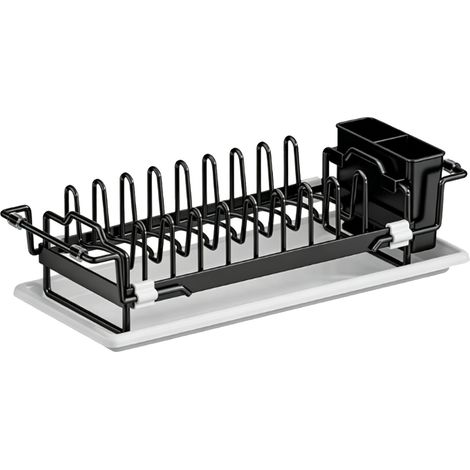 Égouttoir à vaisselle pour évier, extensible, gain de place, égouttoir design 3 en 1 avec porte-ustensiles, noir (1/5)