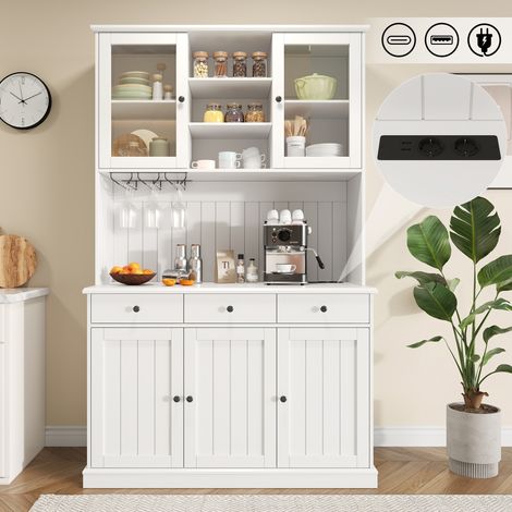 Buffet de cuisine haut 191 cm, armoire vitrée avec porte-gobelet, meuble de rangement prises USB-C/A, prise électrique intégrée, MDF blanc (1/5)