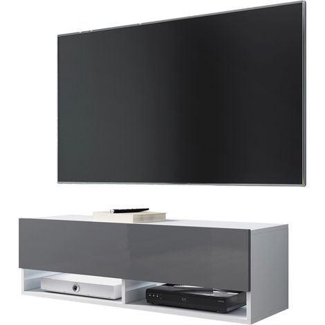 Selsey Wander - Mueble de TV de pie / colgante - 100 cm - blanco mate / gris brillo - con iluminación LED - moderno (1/4)