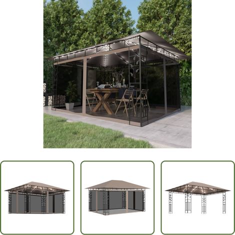 vidaXL Auvent de jardin - Tonnelle avec moustiquaire et lumières LED 4x3x2,73 m Taupe (1/5)
