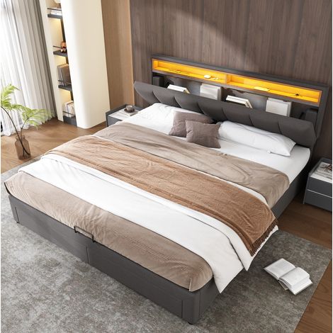 Cama tapizada de acero y lino gris oscuro 160x200 cm con LED, espacio de almacenamiento y somier de láminas (1/5)