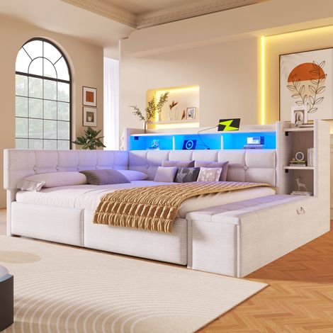Lit banquette rembourré 140x190 cm avec LED et banc coffre Canapé-lit 2 tiroirs, étagère intégrée et USB/USB-C, Velours blanc (1/5)