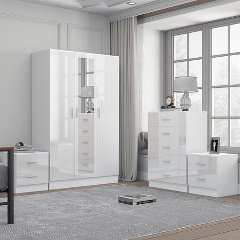 Reflect 3 Door Mirror Wardrobe, 5 Drawer Chest, 2x 2 Drawer Bedsides - White Gloss & Matt White - Modern Bedroom Furniture Set